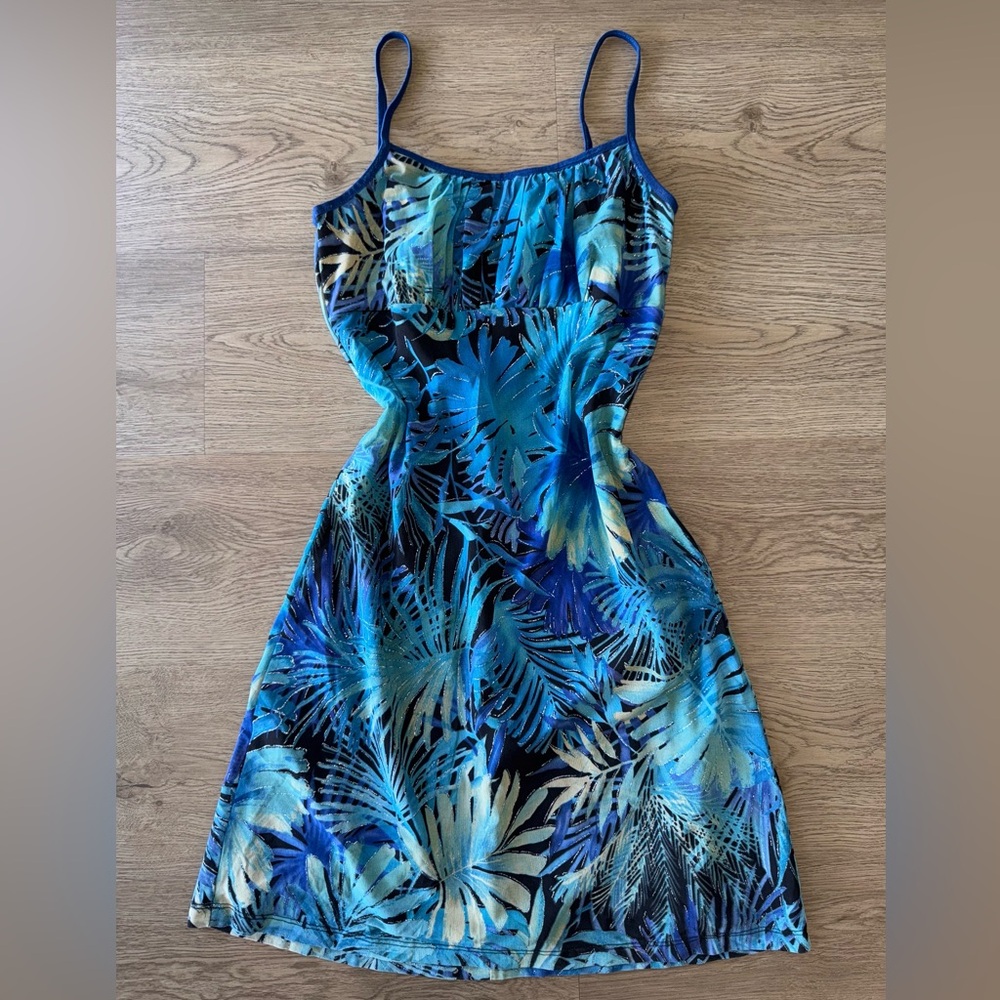 Vintage Y2K Tropical Blue Leaf Print Spaghetti Strap Mini Dress USA Made Size M